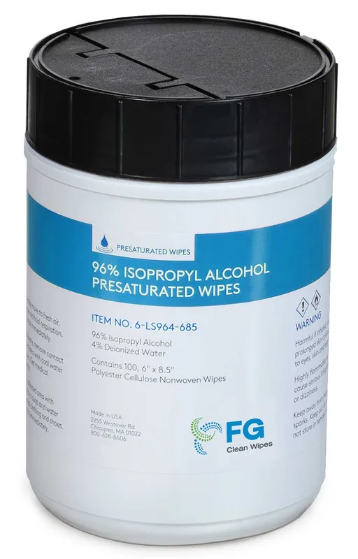 FG Clean Wipes 6-LS964-685 Presaturated Hydroentangled Polycellulose Cleanroom Wipes, 96% IPA, 6" x 8.5"