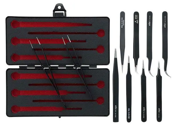 Wiha-44593 10-Piece ESD-Safe Stainless Steel Tweezer Set with Metal Storage Box