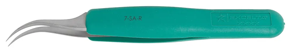 Excelta 7-SA-R ★★★★ ESD-Safe, Cleanroom-Safe Neverust® Stainless Steel Tweezer with Ergo-Tweeze® Handle, 45° Curved, Very Fine, Pointed Tips