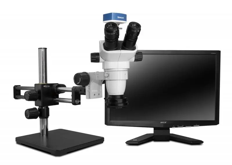 Scienscope SZ-PK10-R3E Stereo Zoom SSZ-II Trinocular Microscope with Dual Boom Stand, 1080p Camera & LED Ring Light
