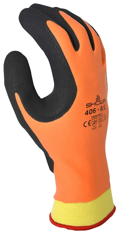 Showa 406 Insulated Water-Repellant Gloves with Rubber Palm Coating & Rough Foam Grip, Orange/Black