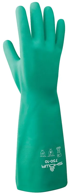 Showa 730 Flock Lined, Unsupported 15 Mil Nitrile Chemical-Resistant Gloves, Light Green, 13"