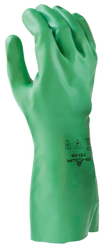 Showa 731 Eco Best Technology® Biodegradable, Unsupported 15 Mil Polymer/Nitrile Chemical-Resistant Gloves with Flocked Liner, Green, 13"