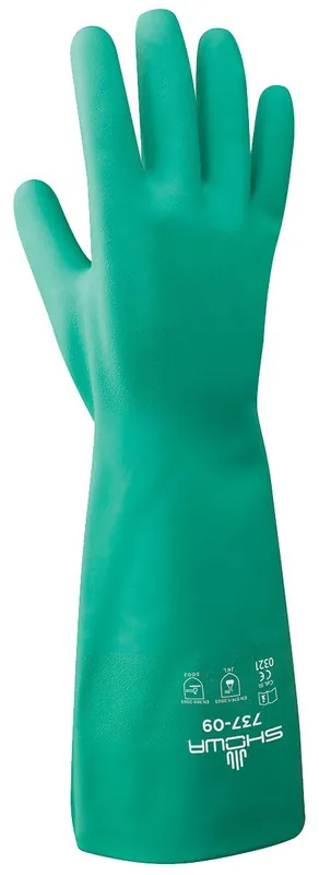 Showa 737 Unlined, Unsupported 22 Mil Nitrile Chemical-Resistant Gloves, Light Green, 15"