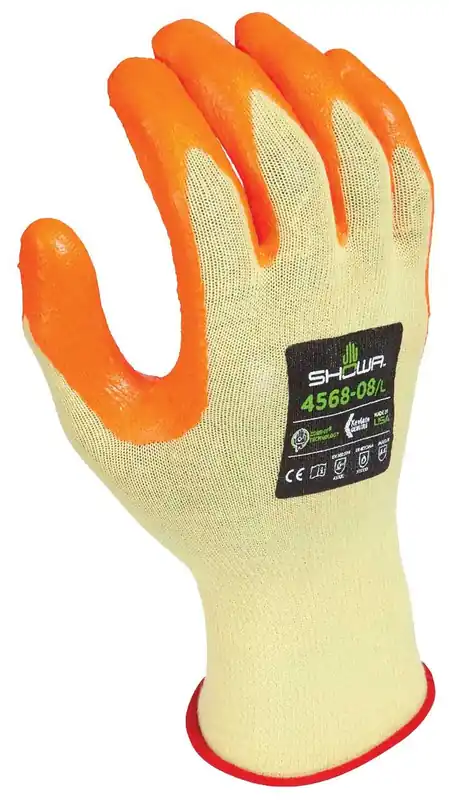 Showa 4568 Zorb-IT® Kevlar® Sponge Nitrile Palm Coated 15-Gauge Cut-Resistant Gloves, Yellow/Fluorescent Orange