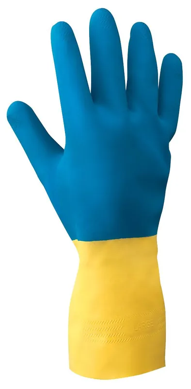 Showa CHMY Flocked Lined Unsupported Neoprene-over-Rubber/Latex 22 Mil Chemical-Resistant Gloves, Yellow/Blue, 12"
