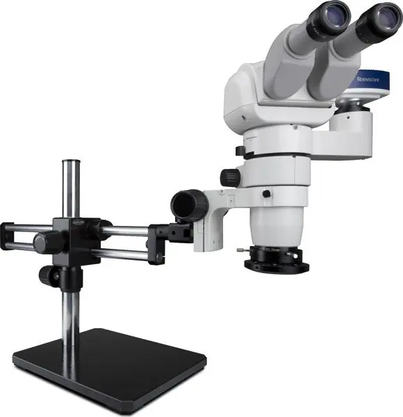 Scienscope CMO-PK10-R3E-E E-Series 0-45° Tilting Trinocular Microscope with Dual Boom Stand, 1080p Camera & High Intensity LED Ring Light