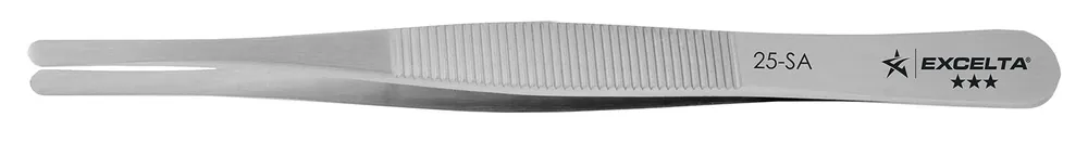 Excelta 25-SA ★★★ Neverust® Stainless Steel Tweezer with Serrated Handles & Straight, Large Flat, Round Pointed Tips