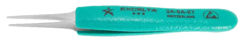 Excelta 2A-SA-ET ★★★ Swiss-Made ESD-Safe Neverust® Anti-Magnetic Stainless Steel SMD Tweezer with Ergo-Tweeze® Handle & Straight, Tapered, Flat Pointed Tips, 5.25" OAL
