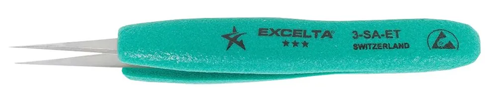 Excelta 3-SA-ET ★★★ ESD-Safe Neverust® Stainless Steel Tweezer with Ergo-Tweeze® Handle & Straight, Very Fine, Pointed Tips