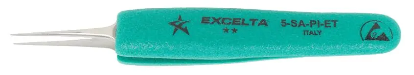 Excelta 5-SA-PI-ET ★★ Italian-Made ESD-Safe Anti-Magnetic Stainless Steel Tweezer with Ergo-Tweeze® Handle & Straight, Tapered, Ultra Fine Pointed Tips, 4.75" OAL