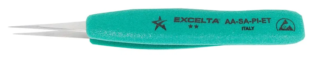 Excelta AA-SA-PI-ET ★★ Italian-Made ESD-Safe Anti-Magnetic Stainless Steel Tweezer with Ergo-Tweeze® Handle & Straight, Medium Pointed Tips, 5.5" OAL