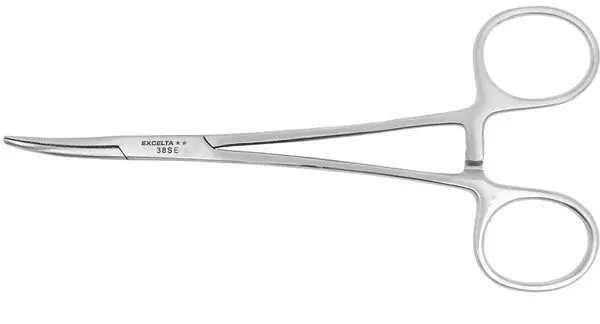 Excelta 38-SE ★★ Stainless Steel Hemostat with 25° Curved Nose & Serrated Jaws, 6" OAL
