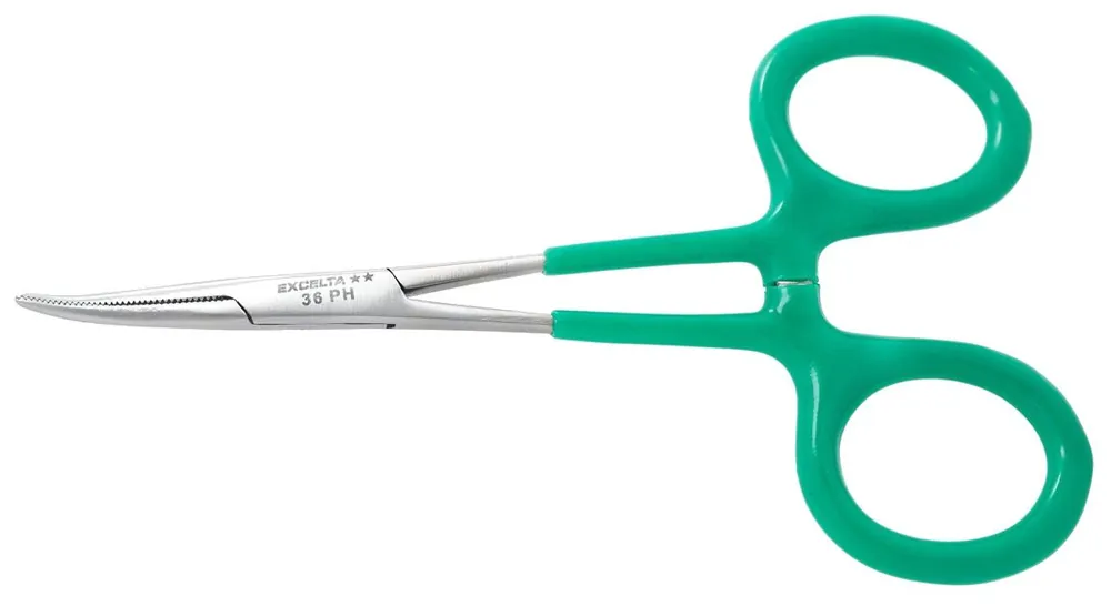 Excelta 36PH ★★ Stainless Steel Locking Hemostat with Vinyl Coated Handles & 25° Curved, Serrated Jaw, 5" OAL