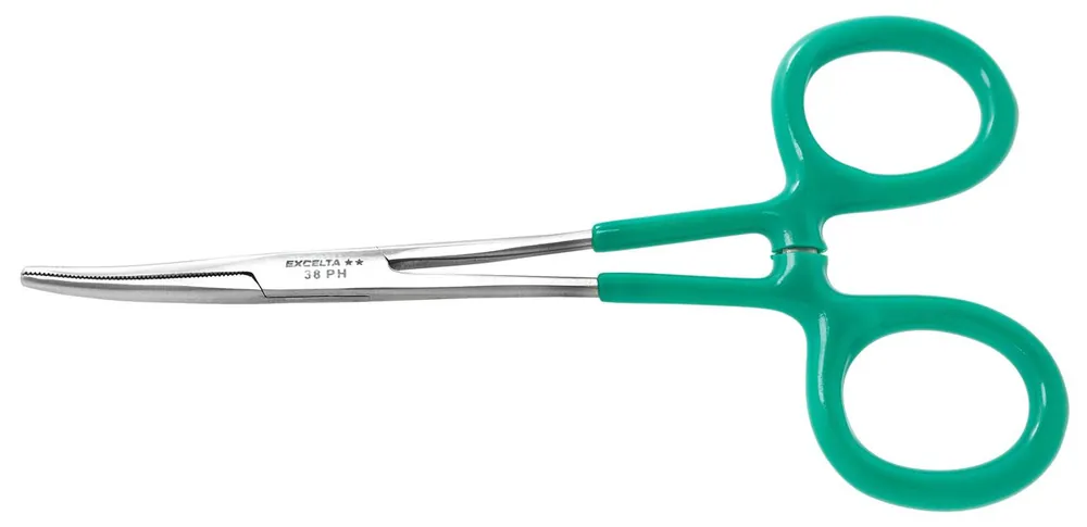 Excelta 38PH ★★ Stainless Steel Locking Hemostat with Vinyl Coated Handles & 30° Curved, Serrated Jaw, 6" OAL