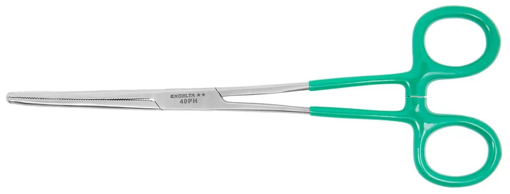 Excelta 40PH ★★ Stainless Steel Locking Hemostat with Vinyl Coated Handles & 30° Curved, Serrated Jaw, 8" OAL