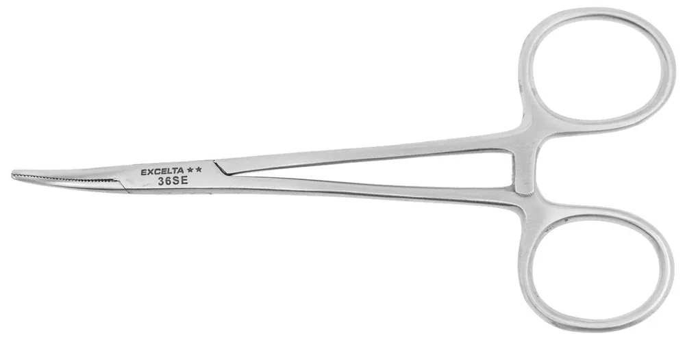 Excelta 36-SE ★★ Cleanroom-Safe Stainless Steel Locking Hemostat with 25° Curved, Serrated Jaw, 5" OAL