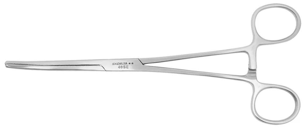 Excelta 40-SE ★★ Cleanroom-Safe Stainless Steel Locking Hemostat with 25° Curved, Serrated Jaw, 8" OAL