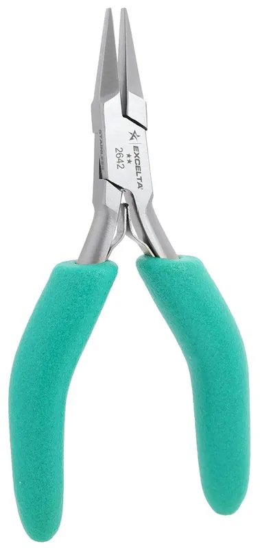 Excelta 2642 ★★ ESD-Safe Duck-Billed Small Flat Nose Stainless Steel Pliers with Smooth Jaw & TealShield™ Cushion Grip Handles, 4.75" OAL