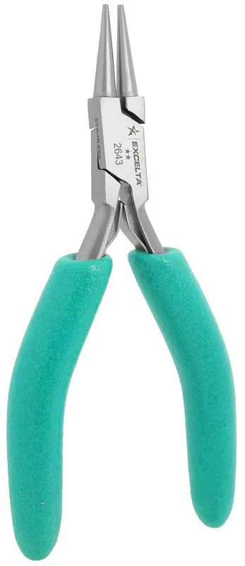 Excelta 2643 ★★ ESD-Safe Small Round Nose Stainless Steel Pliers with Smooth Jaw & TealShield™ Cushion Grip Handles, 4.75" OAL