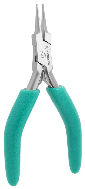 Excelta 2647 ★★ ESD-Safe Small Tapered Needle Nose Stainless Steel Pliers with Smooth Jaw & TealShield™ Cushion Grip Handles, 4.75" OAL
