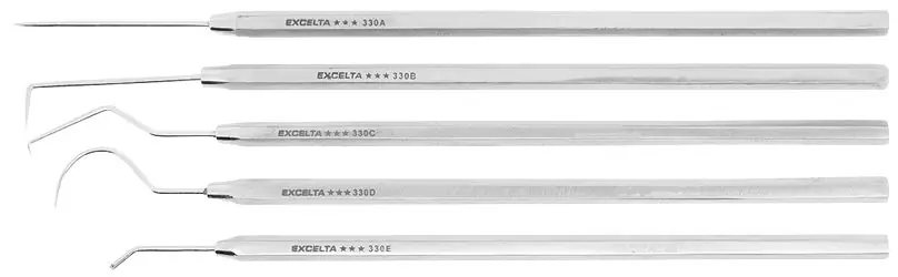 Excelta 330K ★★★ 5-Piece Stainless Steel Probe Set with Double-Ended, Mini Fine, Angled & Curved Tips, 6" OAL