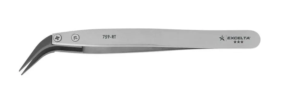 Excelta M-759-RT ★★★ Neverust® Stainless Steel Tweezer with Replaceable Miniature, 40° Curved, Pointed Carbofib™ Tips, 4.08" OAL