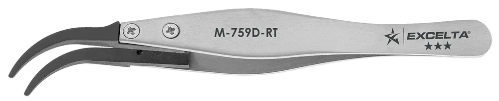 Excelta M-759D-RT ★★★ Neverust® Stainless Steel Tweezer with Replaceable Miniature, 40° Curved, Pointed Carbofib™ Tips