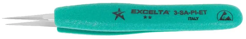 Excelta 3-SA-PI-ET ★★ ESD-Safe Neverust® Stainless Steel Tweezer with Ergo-Tweeze® TealShield™ Grips & Straight, Very Fine, Pointed Tips