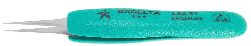 Excelta 4-SA-ET ★★★ Magnification ESD-Safe Neverust® Stainless Steel Tweezer with Ergo-Tweeze® TealShield™ Grips & Straight, Tapered, Ultra-Fine, Pointed Tips