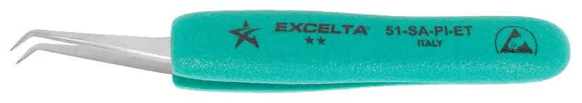 Excelta 51-SA-PI-ET ★★ ESD-Safe Neverust® Stainless Steel Tweezer with Ergo-Tweeze® TealShield™ Grips & 45° Angled, Very Fine, Pointed Tips
