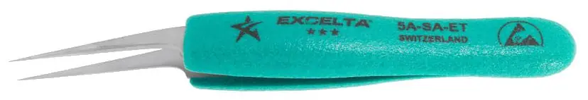 Excelta 5A-SA-ET ★★★ Swiss-Made ESD-Safe Neverust® Anti-Magnetic Stainless Steel Tweezer with Ergo-Tweeze® TealShield™ Grips & 10° Offset, Tapered, Ultra Fine Pointed Tips, 5" OAL
