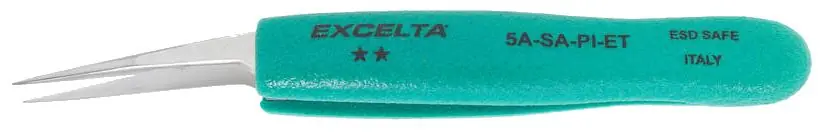 Excelta 5A-SA-PI-ET ★★ Italian-Made ESD-Safe Neverust® Anti-Magnetic Stainless Steel Tweezer with Ergo-Tweeze® TealShield™ Grips & 10° Offset, Tapered, Ultra Fine Pointed Tips, 5" OAL