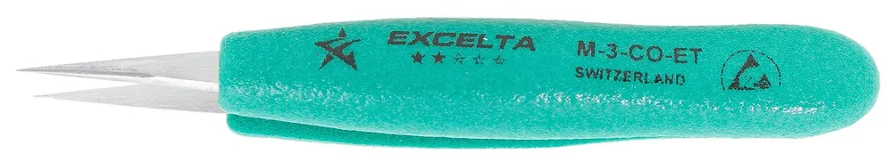 Excelta M-3-CO-ET ★★★★★ Miniature Cobaltima® Tweezer with Ergo-Tweeze® TealShield™ Grips & Tapered, Straight, Very Fine, Pointed Tips