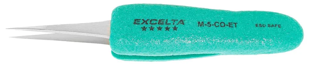 Excelta M-5-CO-ET ★★★★★ Miniature Cobaltima® Tweezer with Ergo-Tweeze® TealShield™ Grips & Tapered, Straight, Ultra-Fine, Pointed Tips