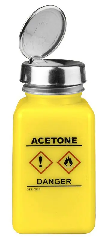 Menda 35254 durAstatic® Dissipative HDPE One-Touch Square Bottle, Yellow with "Acetone" Print & GHS Label, 6 oz.
