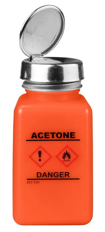 Menda 35257 durAstatic® Dissipative HDPE One-Touch Square Bottle, Orange with "Acetone" Print & GHS Label, 6 oz.