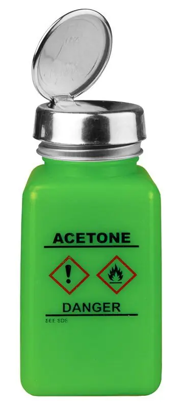 Menda 35258 durAstatic® Dissipative HDPE One-Touch Square Bottle, Green with "Acetone" Print & GHS Label, 6 oz.