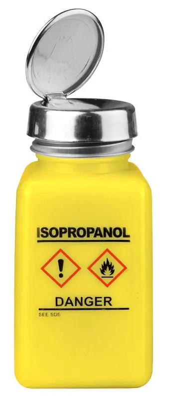 Menda 35249 durAstatic® Dissipative HDPE One-Touch Square Bottle, Yellow with "Isopropanol" Print & GHS Label, 6 oz.