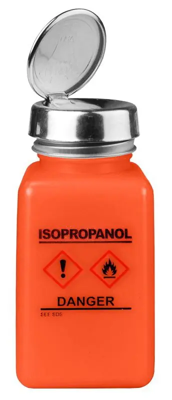 Menda 35252 durAstatic® Dissipative HDPE One-Touch Square Bottle, Orange with "Isopropanol" Print & GHS Label, 6 oz.
