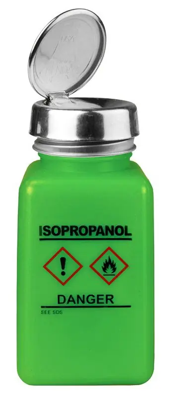 Menda 35253 durAstatic® Dissipative HDPE One-Touch Square Bottle, Green with "Isopropanol" Print & GHS Label, 6 oz.