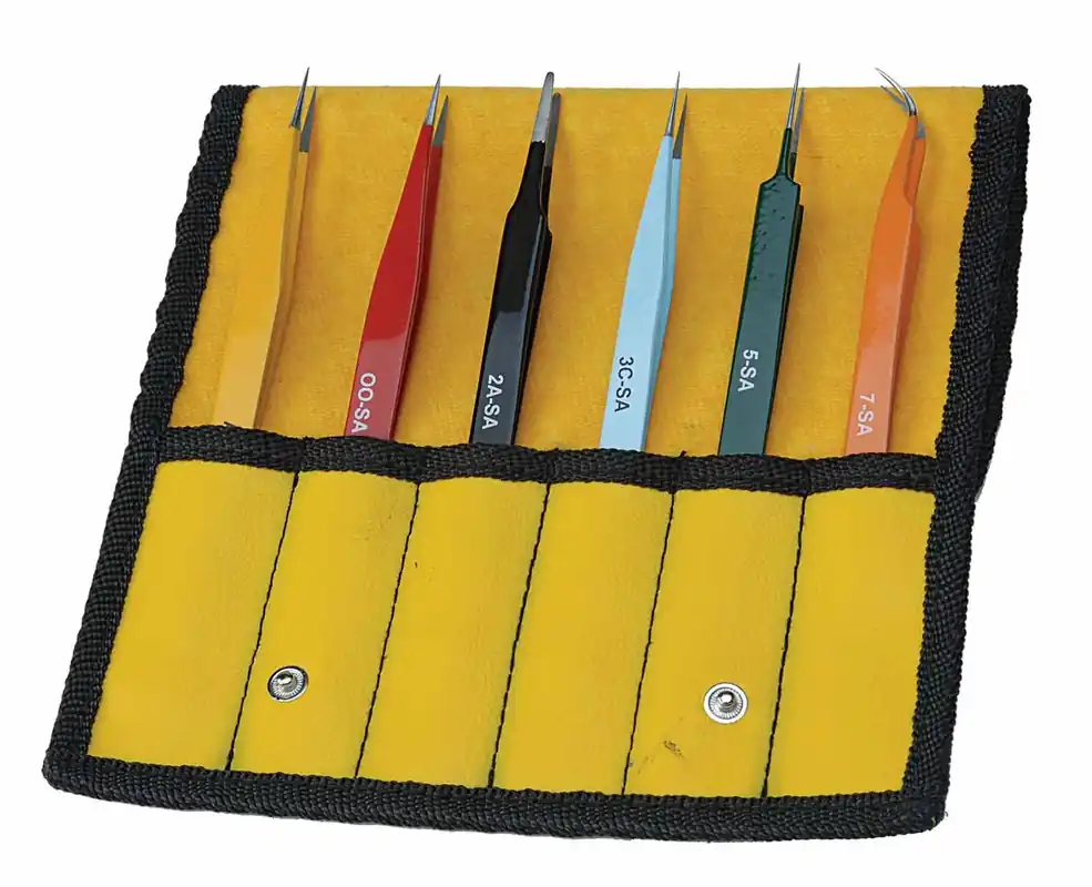 Aven 18480EZ E-Z Pik Industrial 6-Piece Colored Stainless Steel Tweezer Set with Plastic Pouch