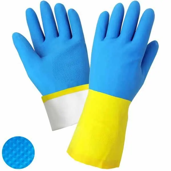 Global Glove 244 Flock Lined 30 Mil Neoprene Palm Coated Latex/Rubber Gloves, Blue/Yellow
