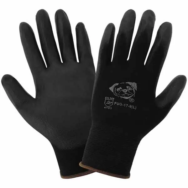 Global Glove PUG-17 Nylon Knit Anti-Static Cut-Resistant Inspection Gloves with Polyurethane Coated Grip Palm, Black (Case of 144)
