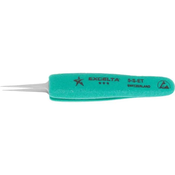 Excelta 5-S-ET ★★★ ESD-Safe Stainless Steel Tweezer with Ergo Grips & Tapered Tips