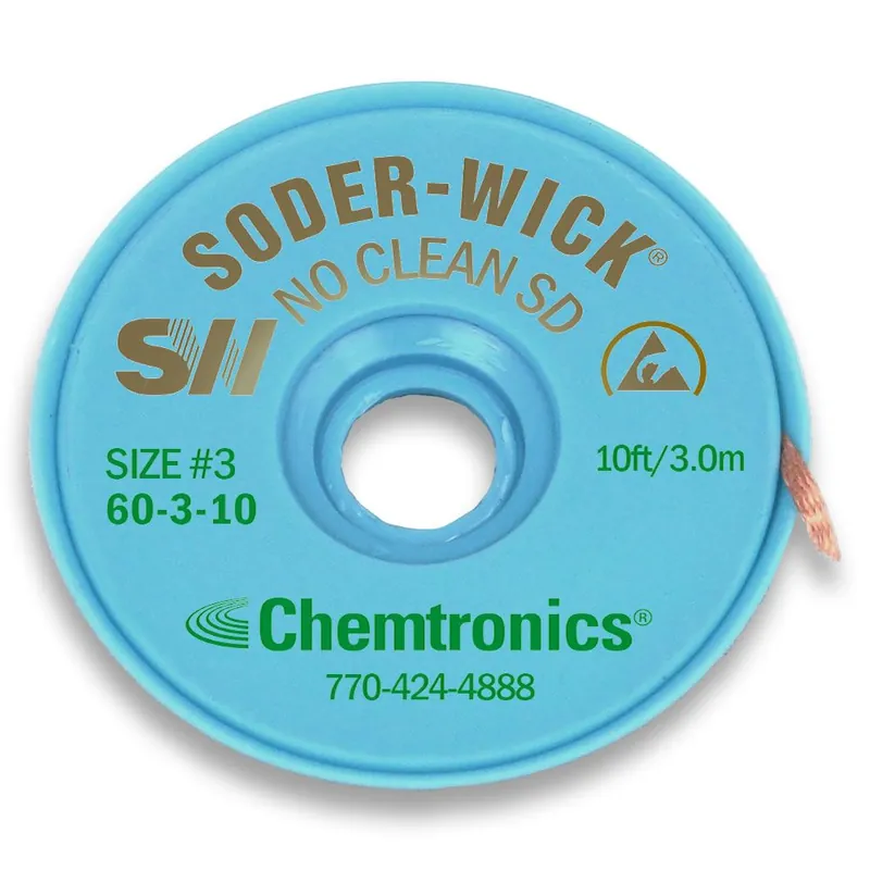 Chemtronics 60-3-10 3 Soder-Wick® No-Clean Desoldering Wick, Green, 0.080" dia. x 10‘ Spool