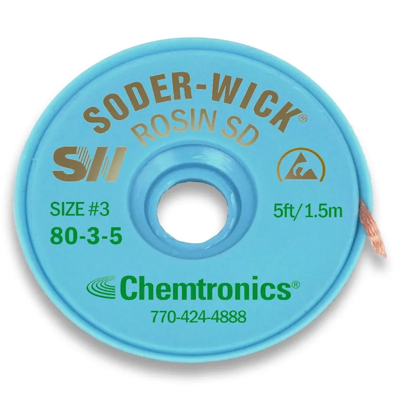 Chemtronics 80-3-5 3 Soder-Wick® Rosin Flux ESD-Safe Desoldering Wick, Green, 0.080" dia. x 5‘ Spool
