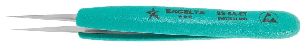 Excelta SS-SA-ET ★★★ Swiss-Made ESD-Safe Neverust® Anti-Magnetic Stainless Steel Tweezer with Ergo-Tweeze® Handle & Straight, Long, Slender, Fine Precision Pointed Tips, 5.5" OAL