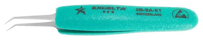 Excelta 5B-SA-ET ★★★ Swiss-Made ESD-Safe Anti-Magnetic Stainless Steel Tweezer with Ergo-Tweeze® Handle & 45° Bent, Tapered, Ultra Fine Pointed Tips, 4.75" OAL