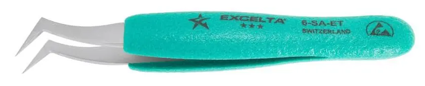 Excelta 6-SA-ET ★★★ Swiss-Made ESD-Safe Anti-Magnetic Stainless Steel Tweezer with Ergo-Tweeze® Handle & 70° Angulated, Flat, Sharp Pointed Tips, 5" OAL